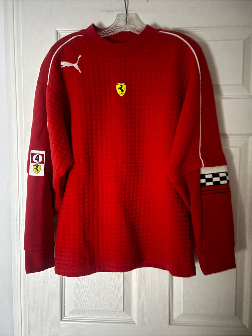 Ferrari Red Quilted Crewneck Sweater with Racing Patches